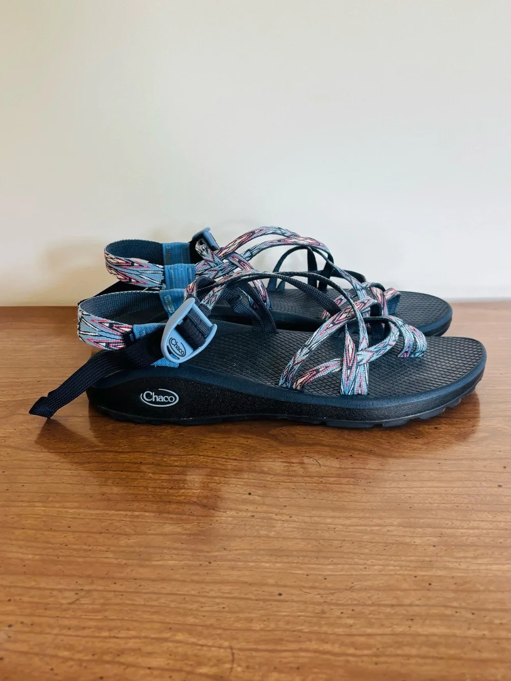 Chaco Women's Black Sandal with Blue and Pink Patterned Webbing
